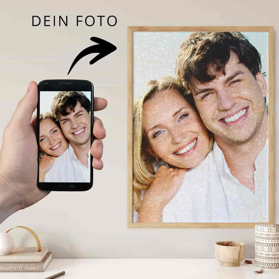 Displaying a custom photo on a wall canvas, taken from a mobile phone, with the phrase "Dein Foto" (Your Photo) written in German.