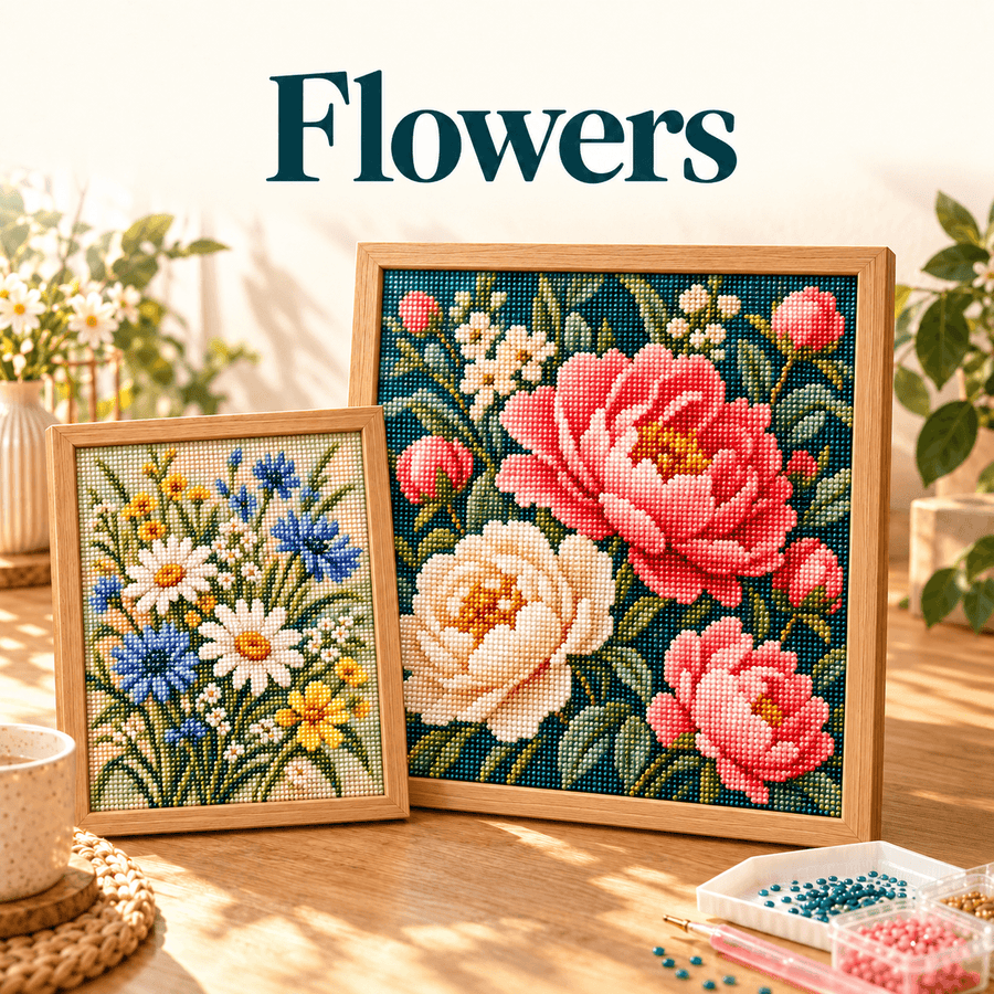 Colorful flower bouquet with wrapped gifts on a pink background