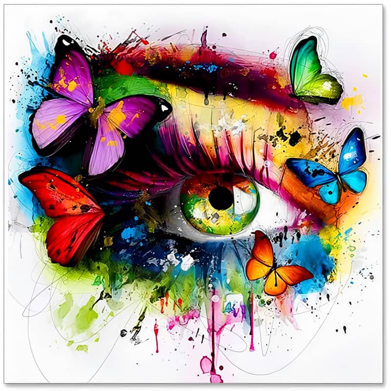 Abstract painting of a colorful eye surrounded by vivid butterflies and splashes of paint