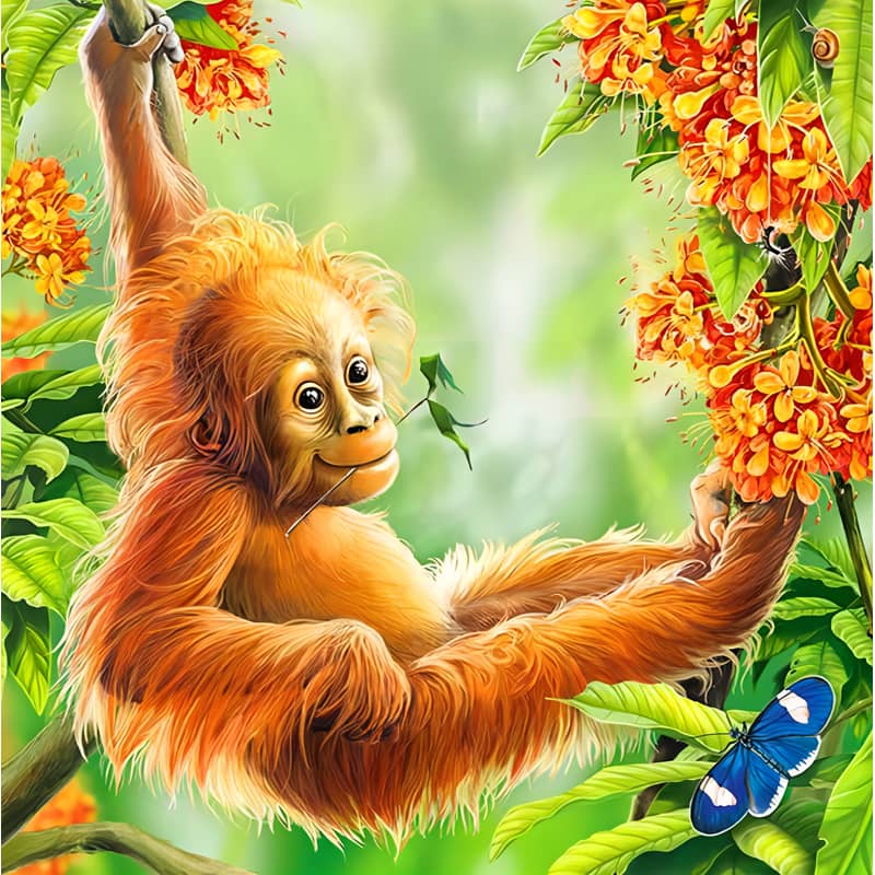 Orangutan hanging from a tree branch surrounded by vibrant orange flowers and a blue butterfly on green leaves.