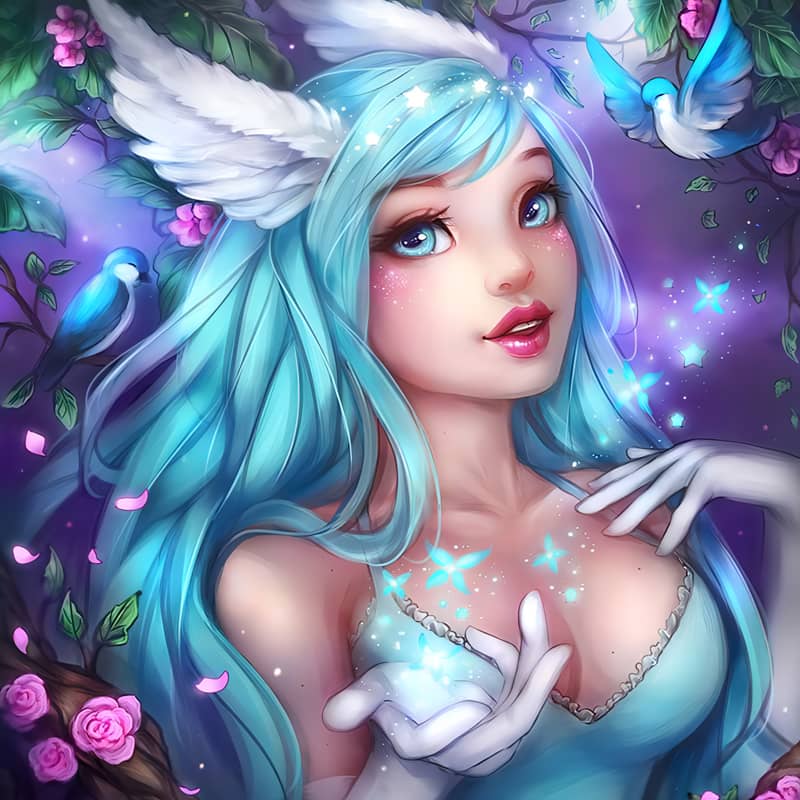 Ethereal anime girl with blue hair, wings, and glowing magic surrounded by flowers and birds in a mystical forest.