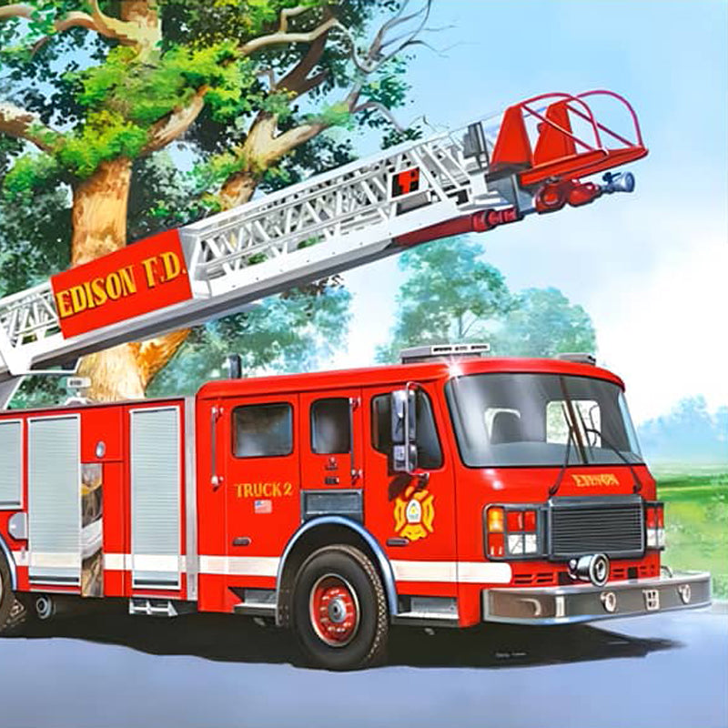 Red fire truck with extended ladder in a park setting