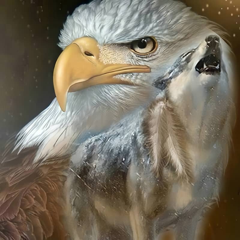 A majestic eagle and a howling wolf in an artistic, blended portrait with detailed feathers and fur.