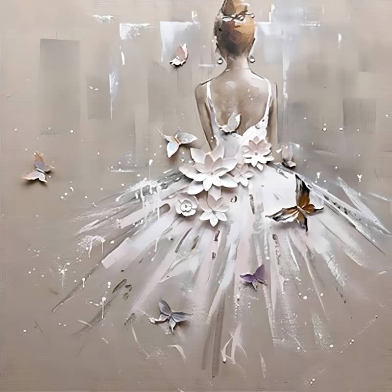 Artistic painting of a ballerina with a flower-adorned dress and butterflies on a neutral background.