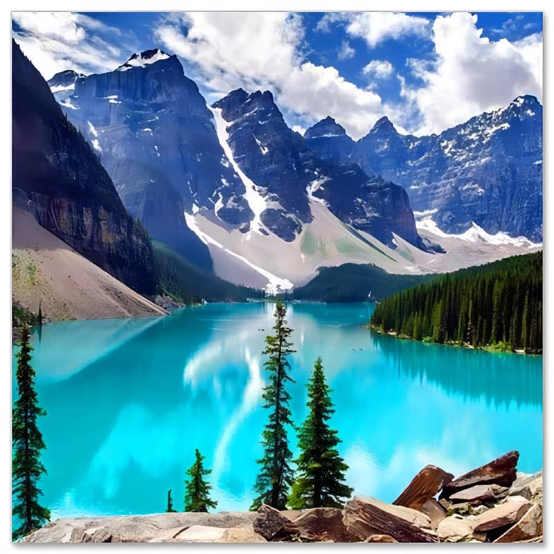 Majestic mountain landscape with turquoise lake, snow-capped peaks, and lush green trees reflecting in the water under a vibrant blue sky.