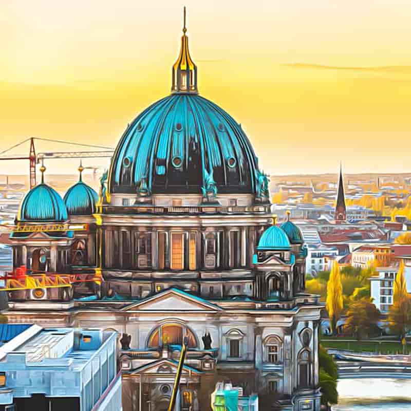 Berlin Cathedral at sunset with cityscape in background