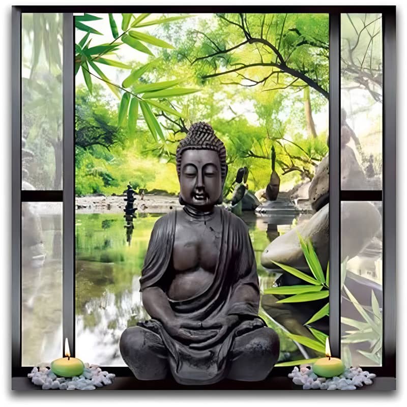 Buddha statue with serene greenery and bamboo background, flanked by lit candles