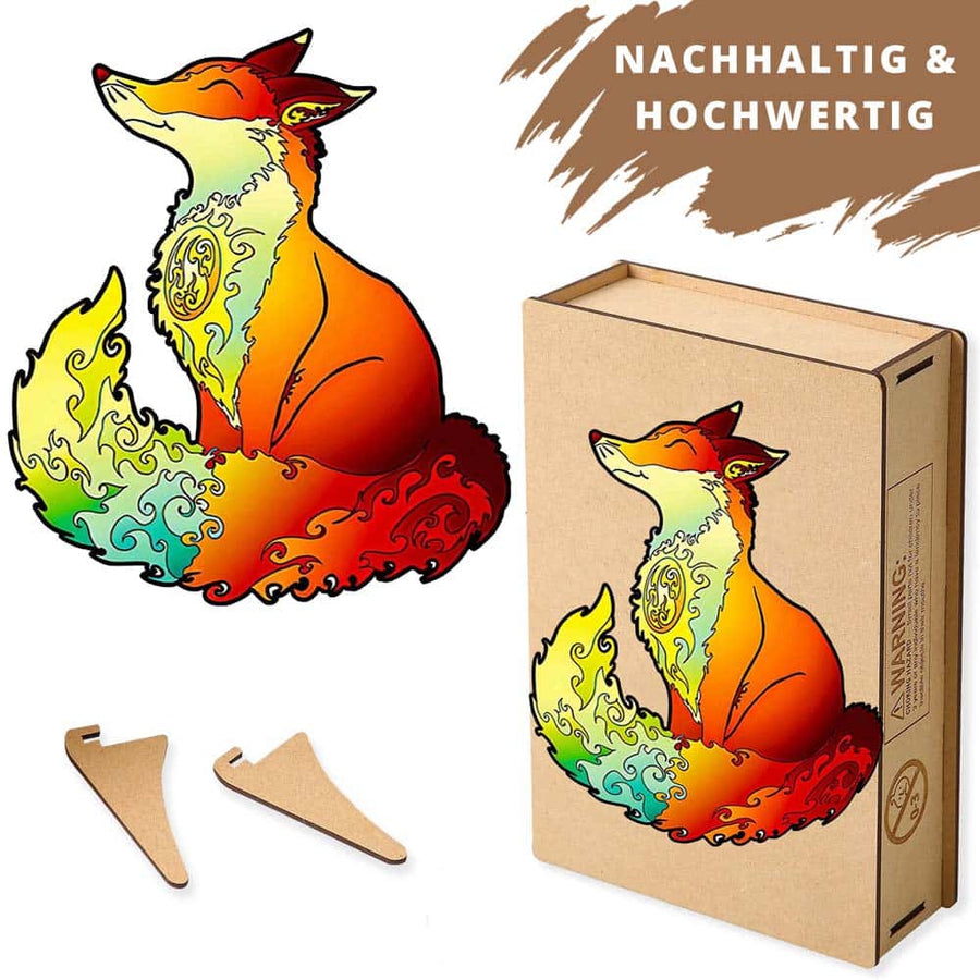Wooden fox puzzle with vibrant colors next to its sustainable high-quality cardboard packaging