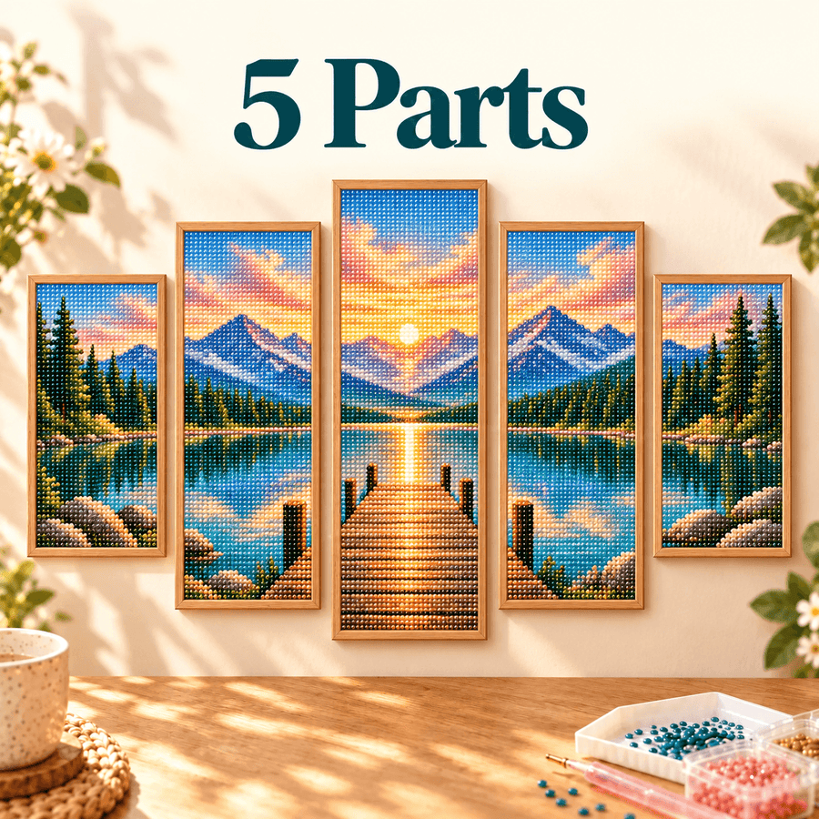 Five-piece wall art collection depicting underwater scene with orcas and colorful fish above white sofa with light blue pillows