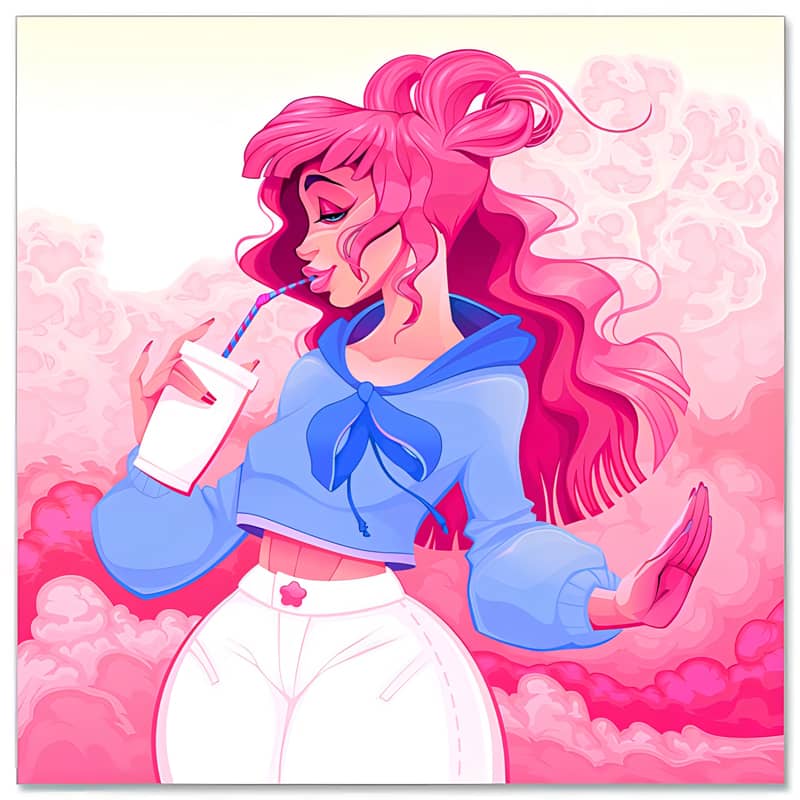 Cartoon girl with pink hair drinking from a cup against a pink, cloud-like background