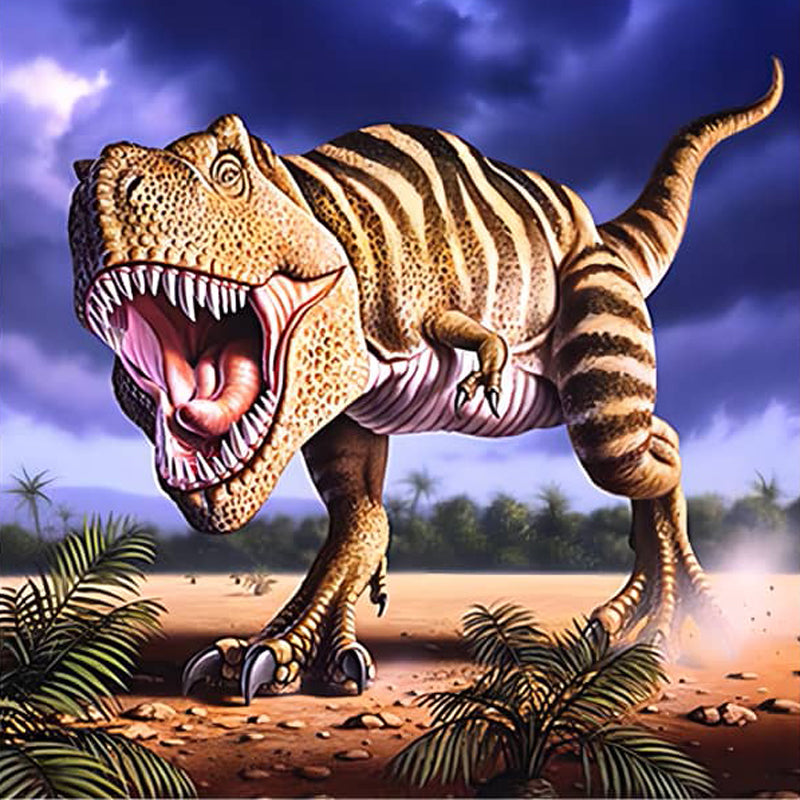 Fierce T-Rex dinosaur roaring in prehistoric landscape, with stormy sky and green foliage in the background
