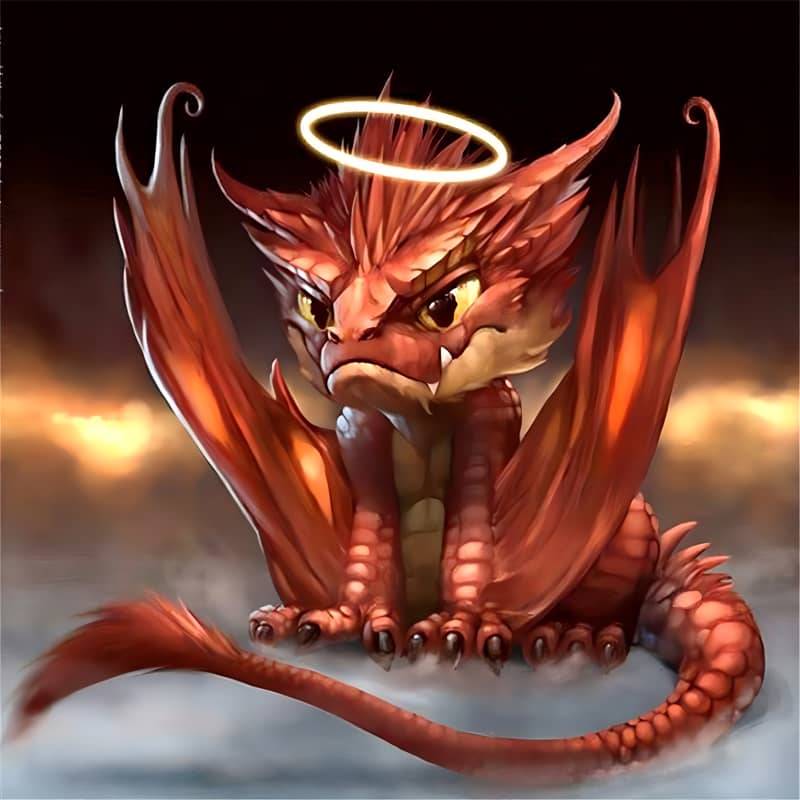 Fierce red dragon with a halo in a smoky, cloud-filled background.