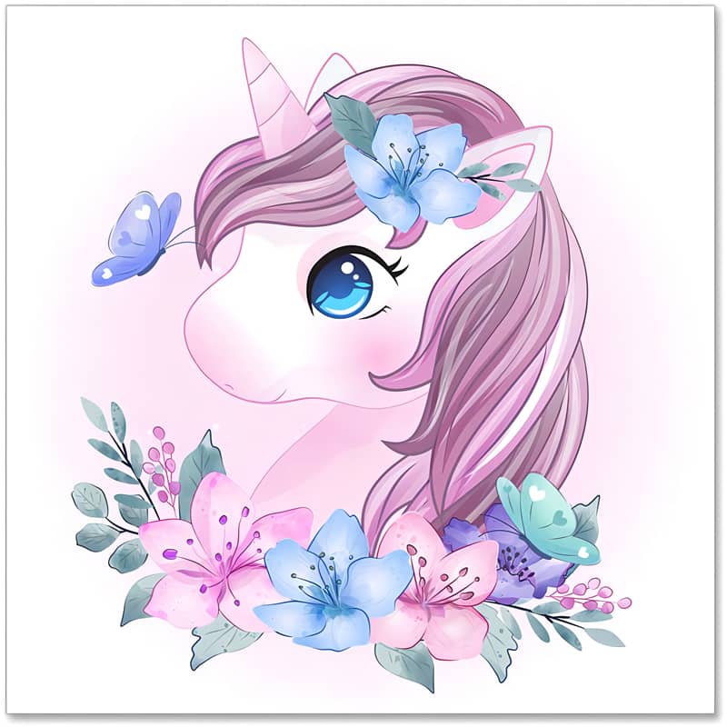 Cute unicorn with pink hair and flower crown surrounded by colorful butterflies and flowers