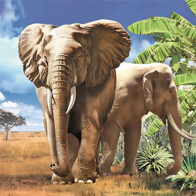 Two elephants standing under a sunny sky beside lush green banana trees in a savannah landscape.