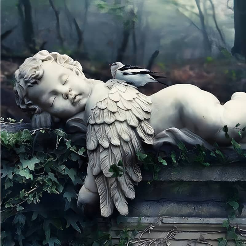 Sleeping angel statue with bird perched on wing in lush forest setting
