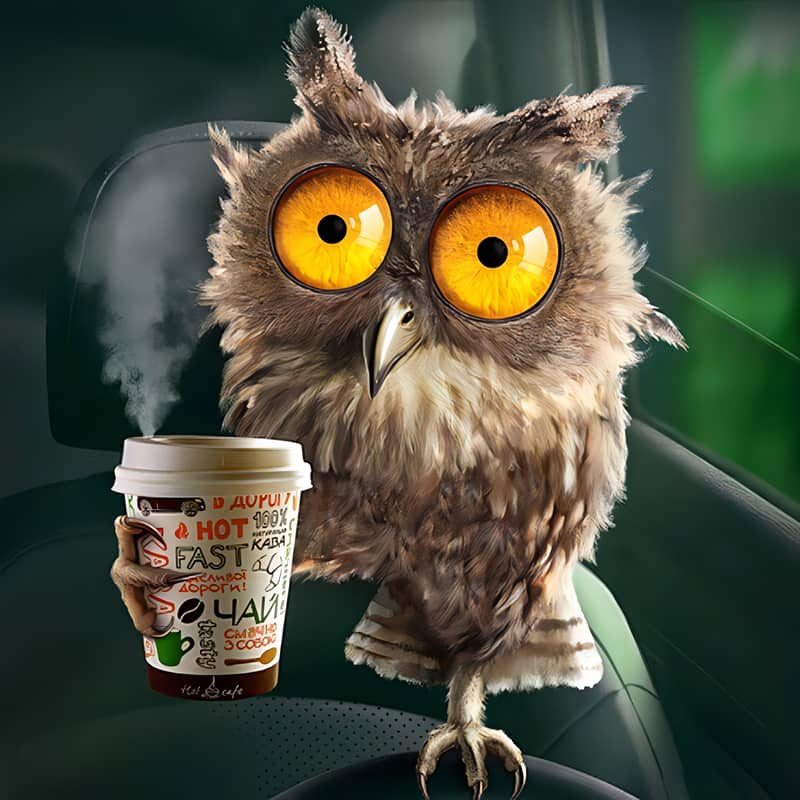 Brown owl with large yellow eyes holding a steaming coffee cup in its claw, sitting inside a dark car interior.