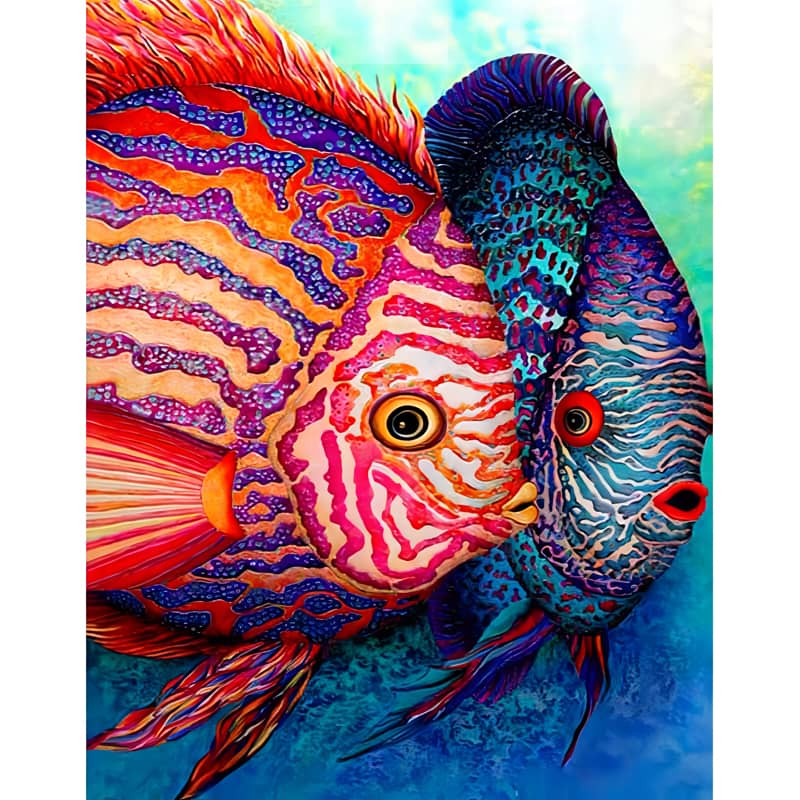 Colorful tropical fish swimming together in bright aquatic background.