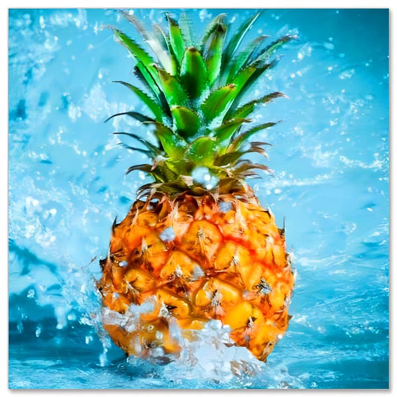 Fresh pineapple splashing in water against a blue background.