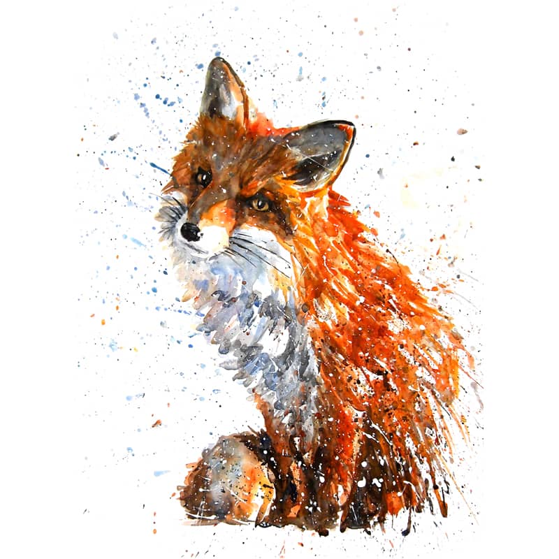 Watercolor painting of a fox with orange and white fur against a white background.