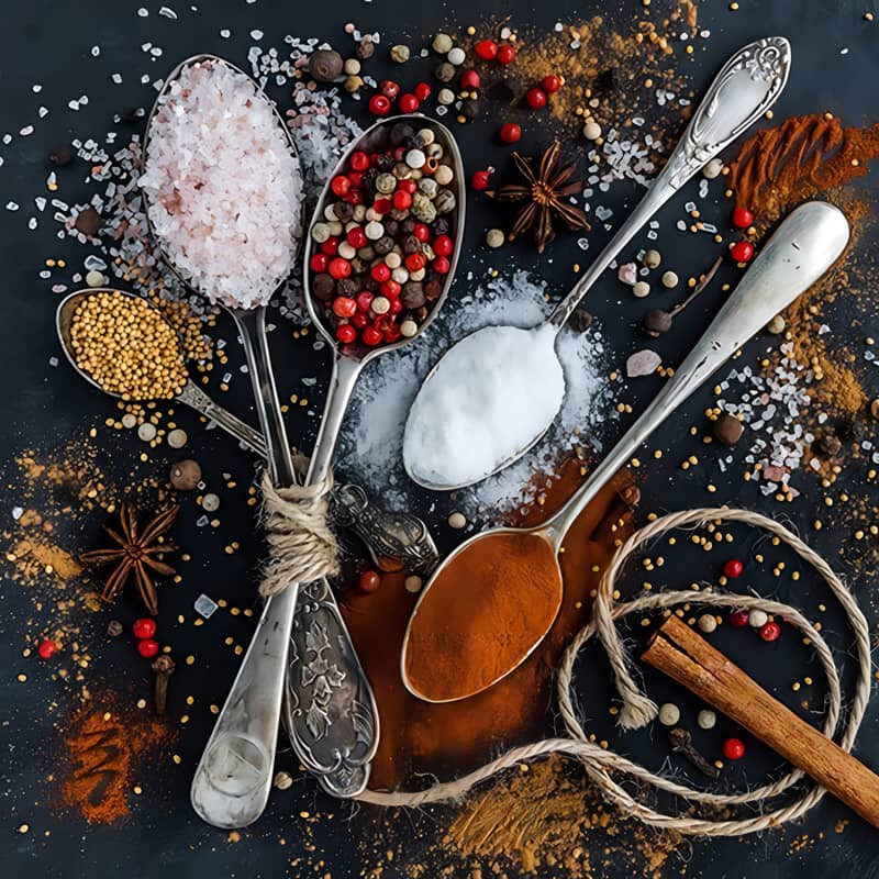 Assorted spices and seasonings in vintage spoons on dark background with sea salt, peppercorns, mustard seeds, and star anise.