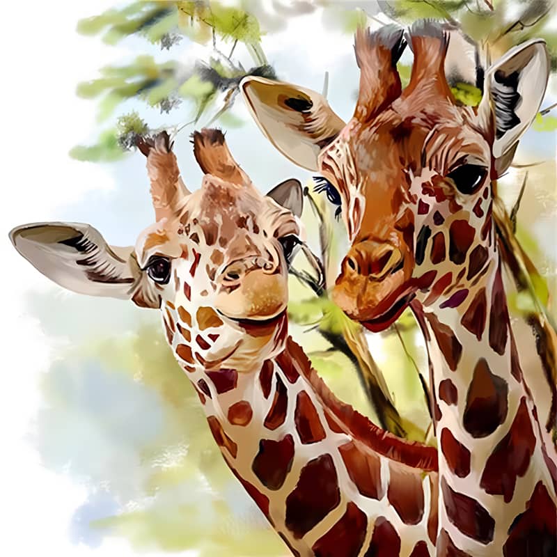Two giraffes with intricate patterns on their necks standing amidst lush greenery.