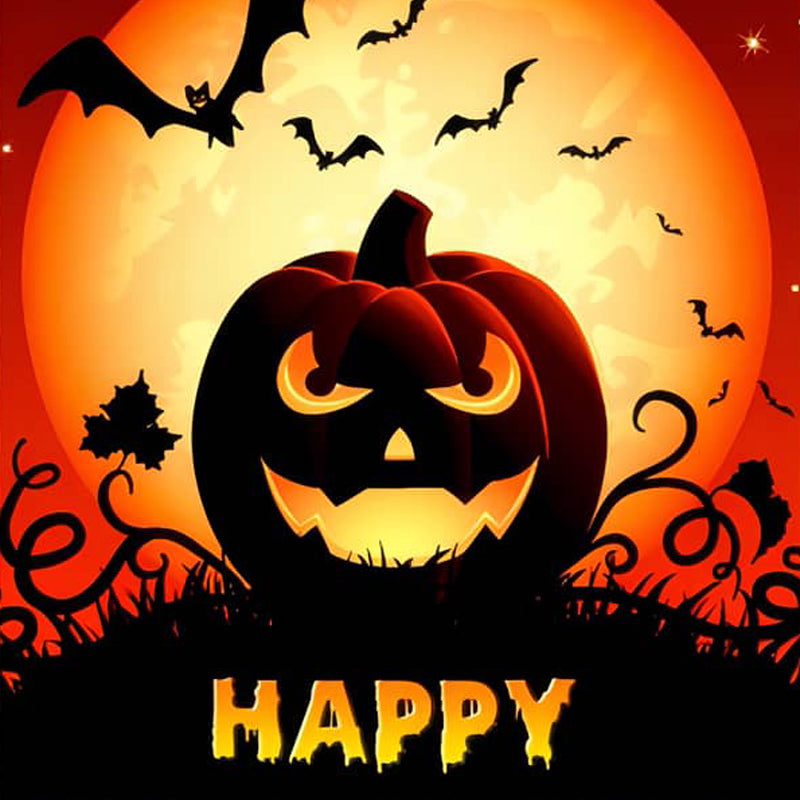Halloween pumpkin with glowing face, flying bats, and full moon background with "Happy" text in spooky font.