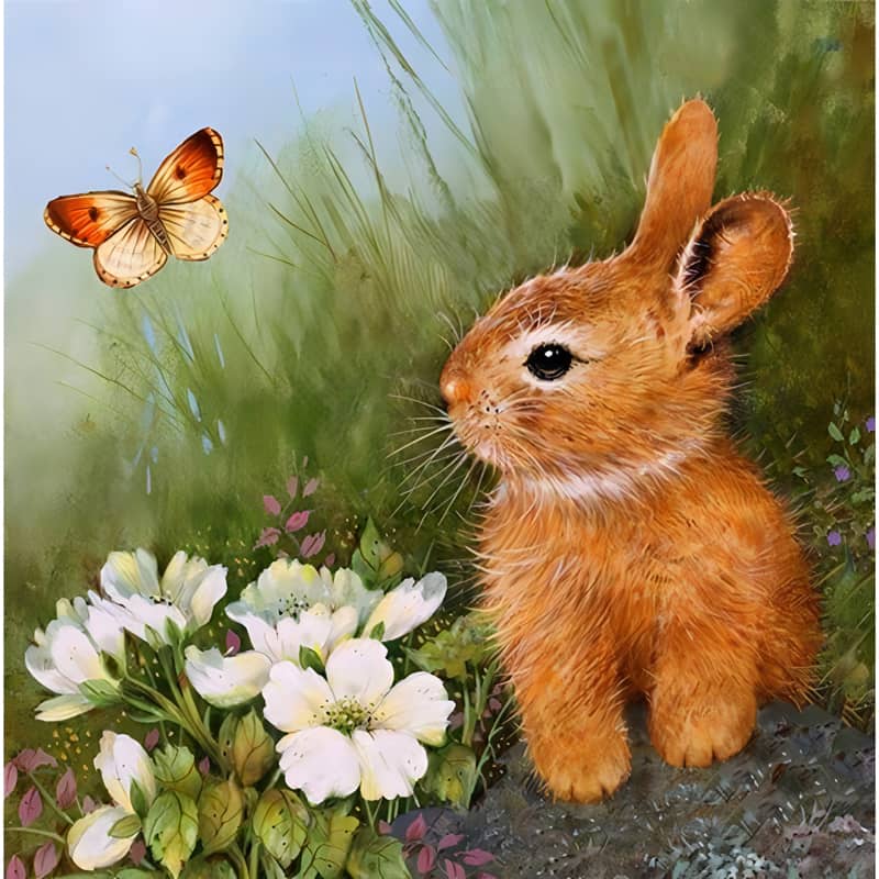 Cute rabbit watching a butterfly in a grassy field with white flowers.