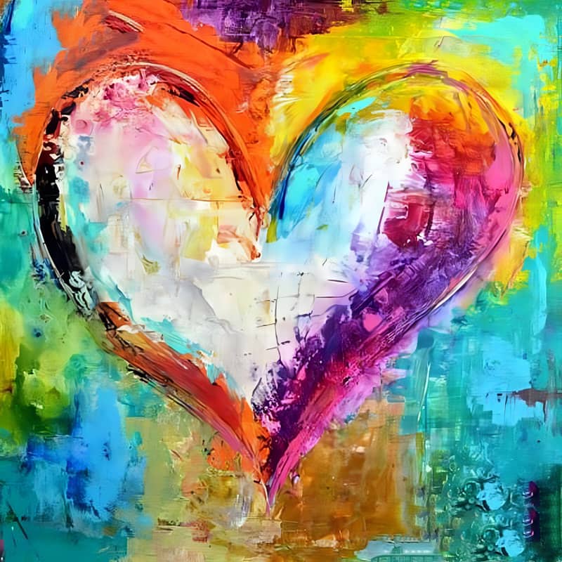 Colorful abstract heart painting with vibrant rainbow hues and textured brushstrokes