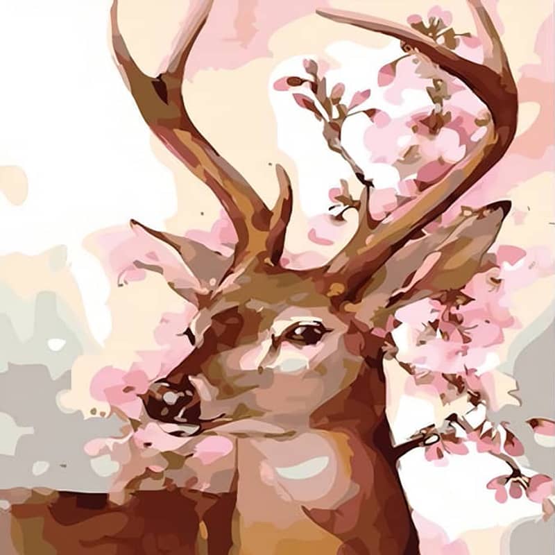 Majestic deer with antlers surrounded by pink cherry blossoms in a beautiful painting.