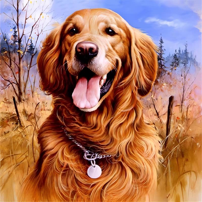 Golden Retriever dog with tongue out in front of autumnal forest background