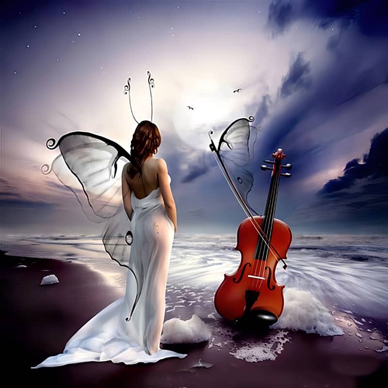 Woman with butterfly wings standing on a beach beside a cello under a surreal sky at sunset
