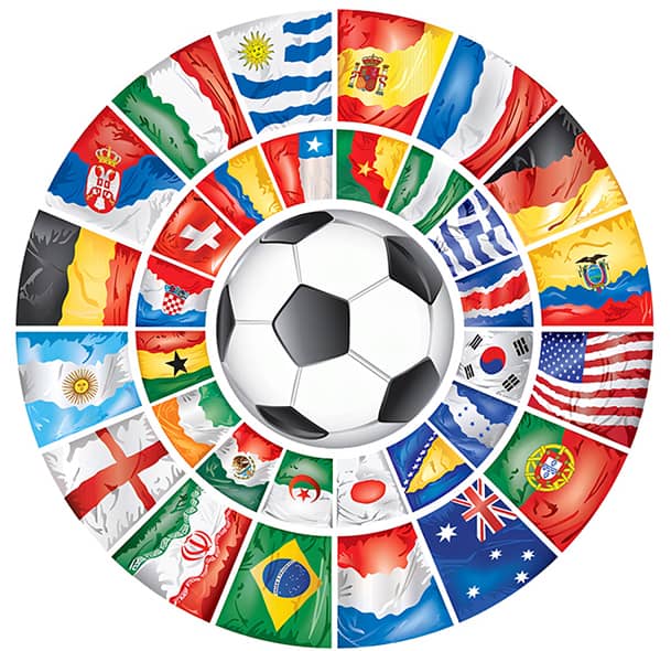 Soccer ball surrounded by flags from different countries representing global soccer teams and nations.