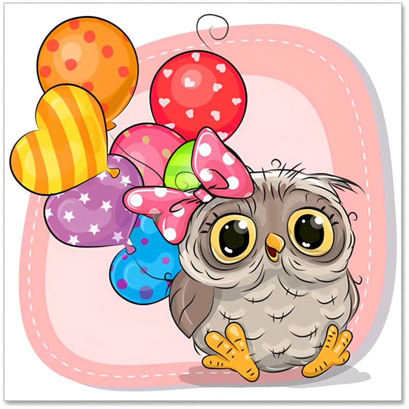 Cute cartoon owl with big eyes and pink bow surrounded by colorful balloons with hearts and stars.