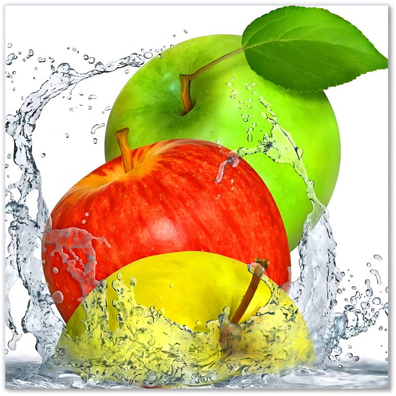 Three colorful apples - green, red, and yellow - splashing in water.
