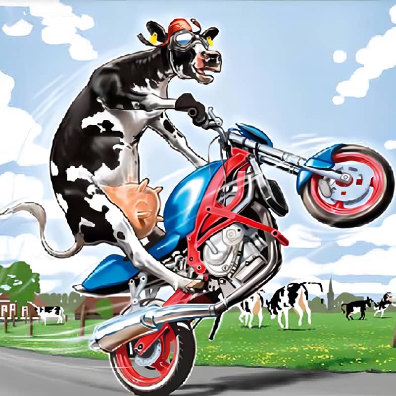 Cartoon cow riding a motorcycle doing a wheelie in a field with other cows in the background