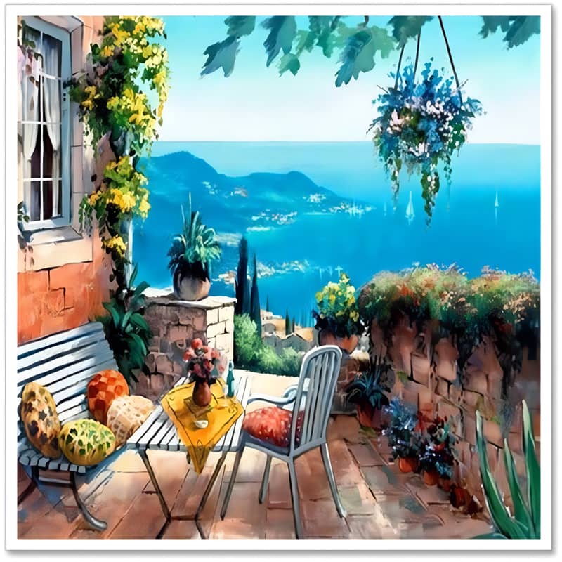 Charming patio with scenic ocean view, vibrant flowers, and cozy seating in a lush landscape.