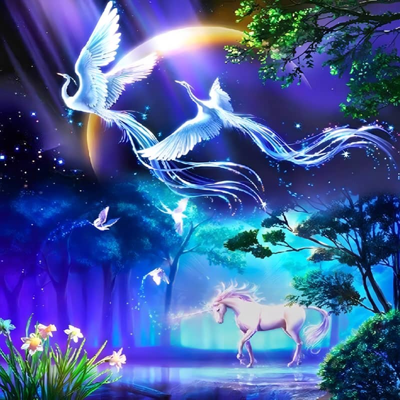 Majestic fantasy scene with glowing unicorn and ethereal birds in enchanted forest under a vibrant sky.