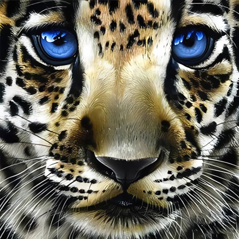 Close-up of a leopard with striking blue eyes and detailed fur pattern.