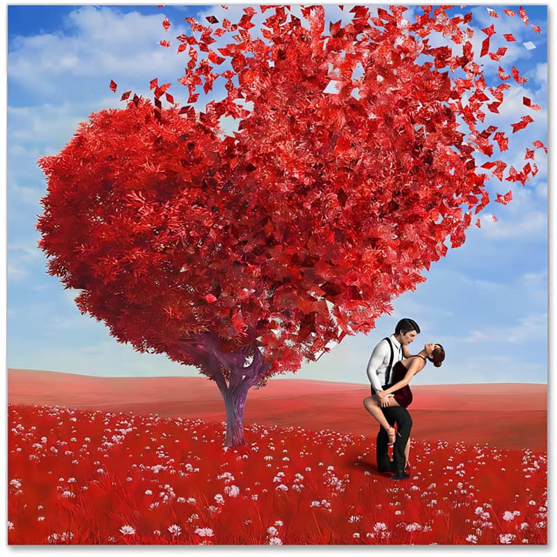 A couple embraces lovingly under a heart-shaped red tree in a vibrant red field with a blue sky backdrop.