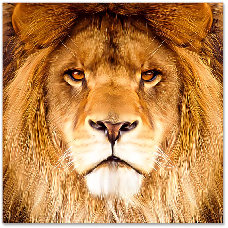Close-up painting of a majestic lion with piercing eyes and a flowing golden mane.