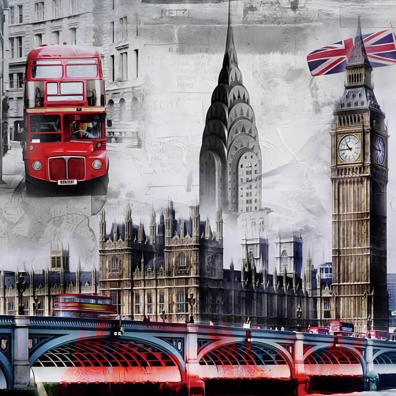 London landmarks collage featuring Big Ben, red double-decker bus, and Union Jack flag.