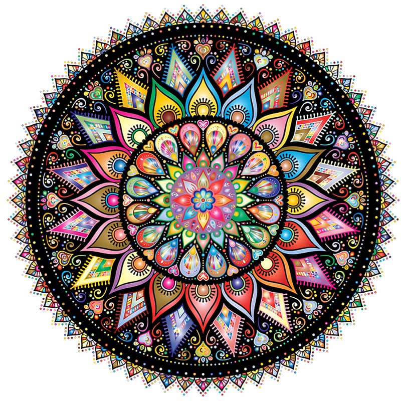 Vibrant and intricate mandala design showcasing colorful geometric and floral patterns.