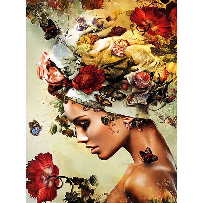 Artistic portrait of a woman with an intricate floral headdress surrounded by butterflies and flowers.