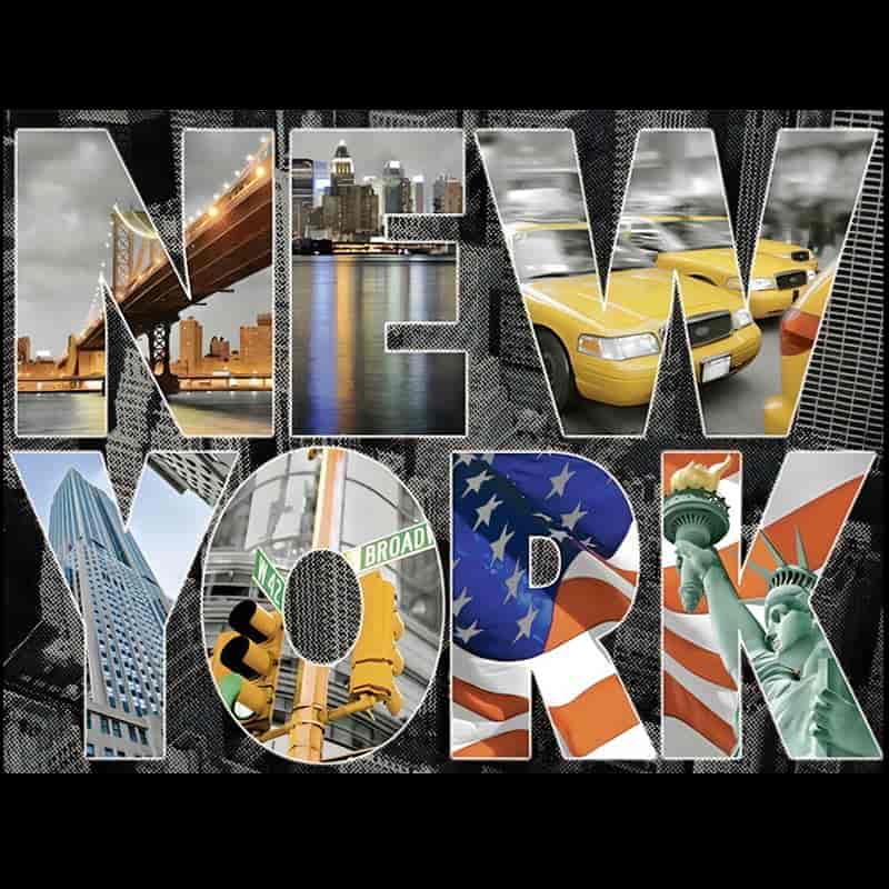 Collage of iconic New York elements including Brooklyn Bridge, yellow taxis, skyscrapers, Broadway sign, American flag, and Statue of Liberty.
