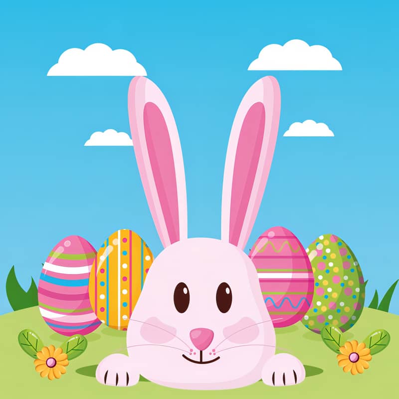 Cute Easter bunny with colorful Easter eggs and flowers in a sunny field.