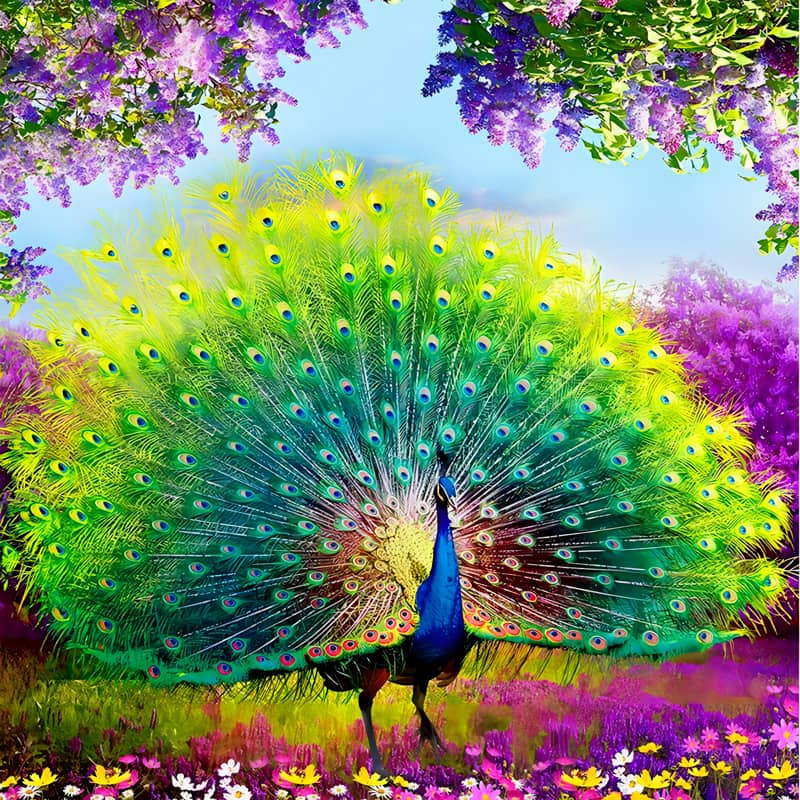Vibrant peacock displaying its colorful feathers amidst a blooming purple and green garden.