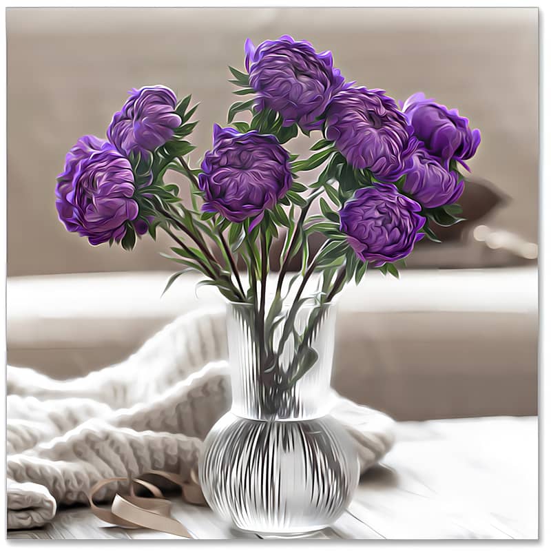 Beautiful purple peonies in a clear vase on a cozy tabletop in soft, natural light