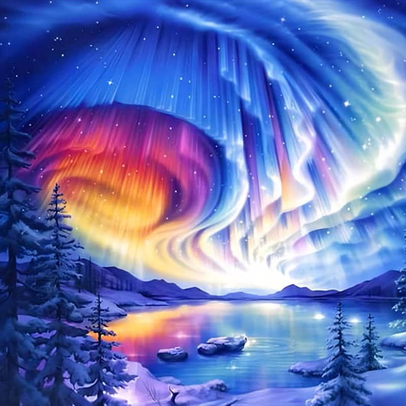 Vibrant aurora borealis lighting up the night sky over a snowy landscape with a tranquil lake reflecting colorful, swirling northern lights.