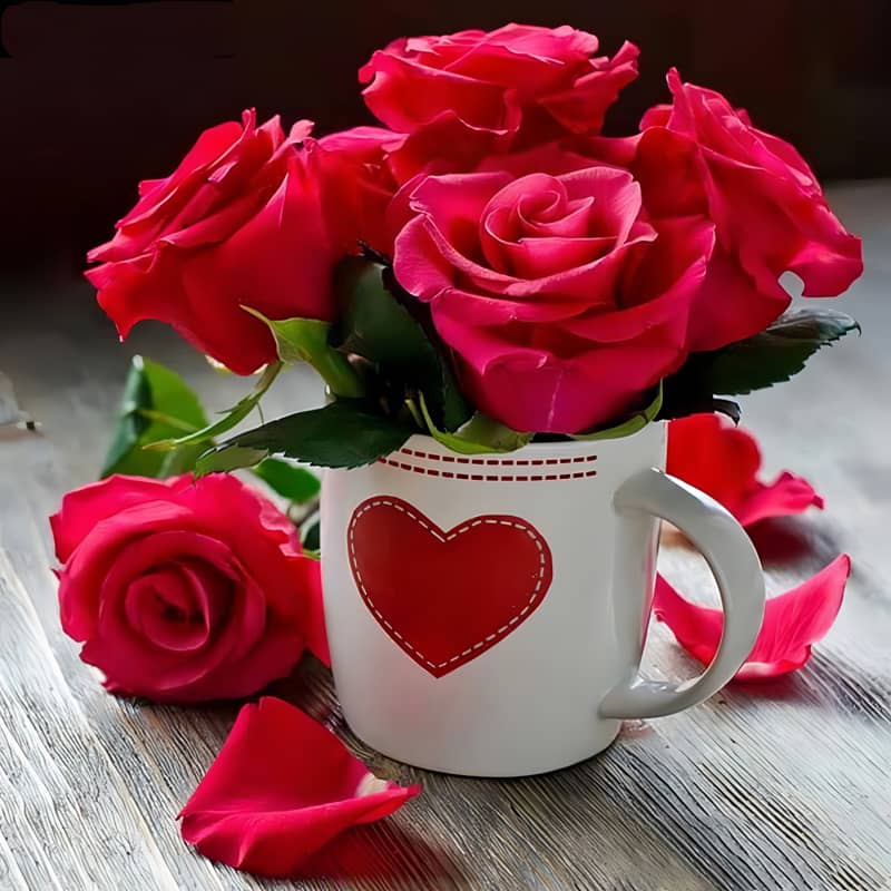 Bright red roses in a white mug with a heart design placed on a wooden surface with rose petals scattered around.