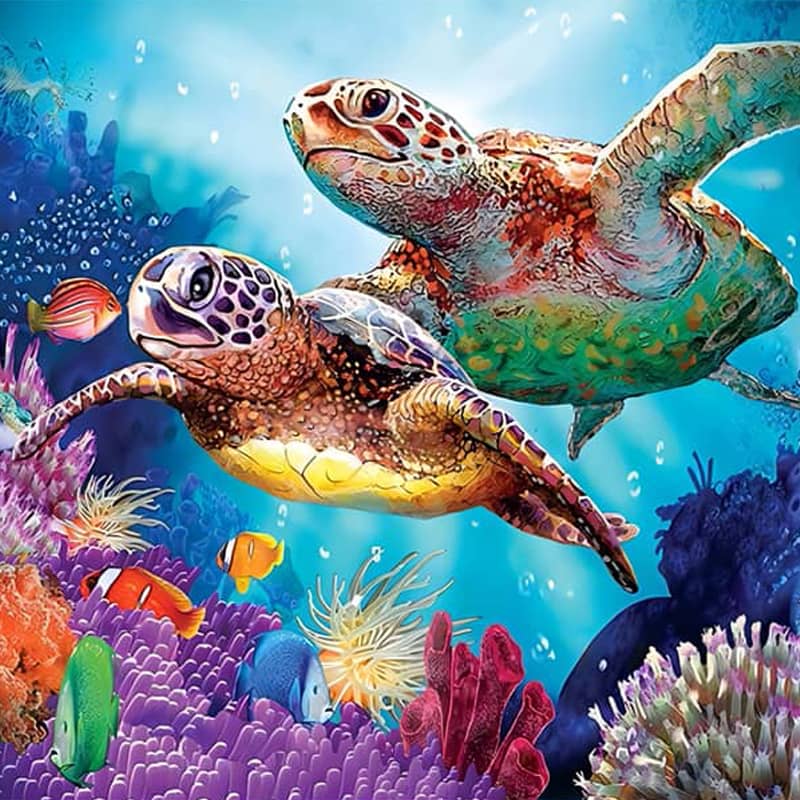 Two colorful sea turtles swimming among vibrant coral and tropical fish in an underwater scene